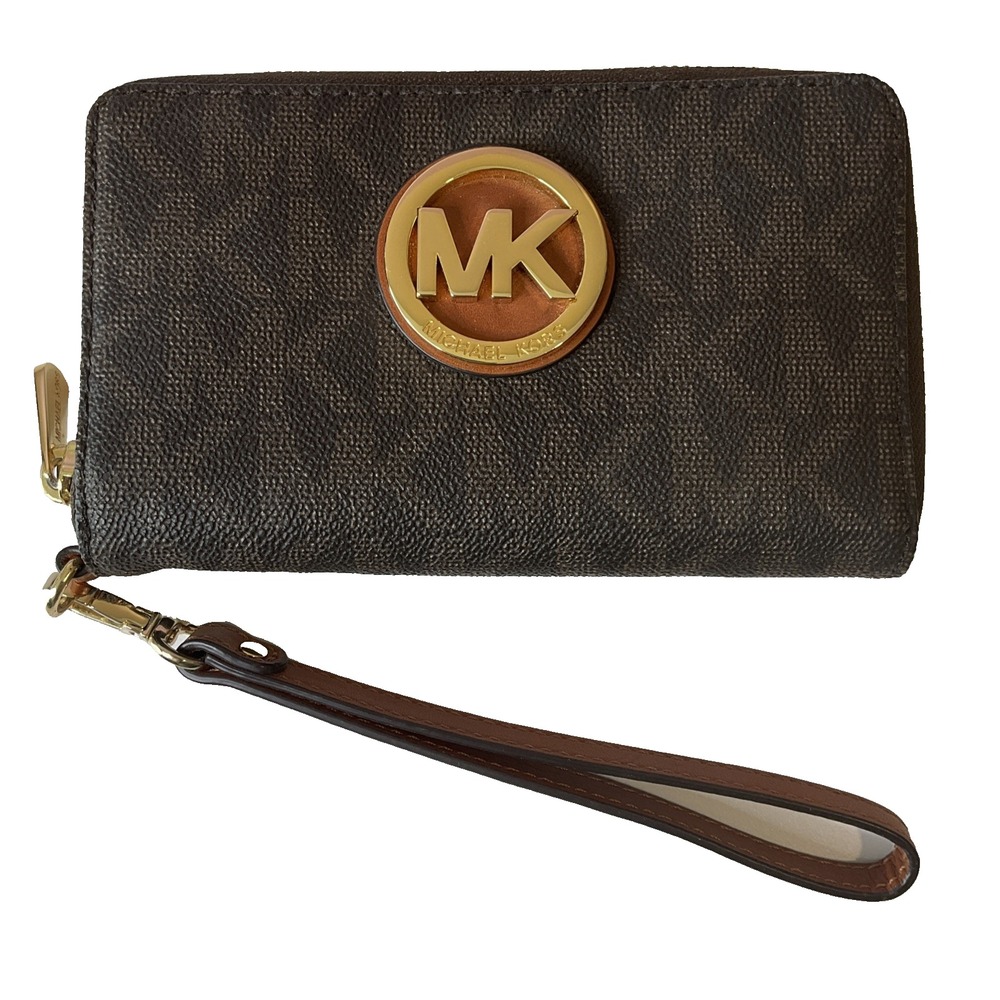 MICHAEL KORS Fulton Brown Flat Multi Function Phone Case Zip Wallet Wristlet‎